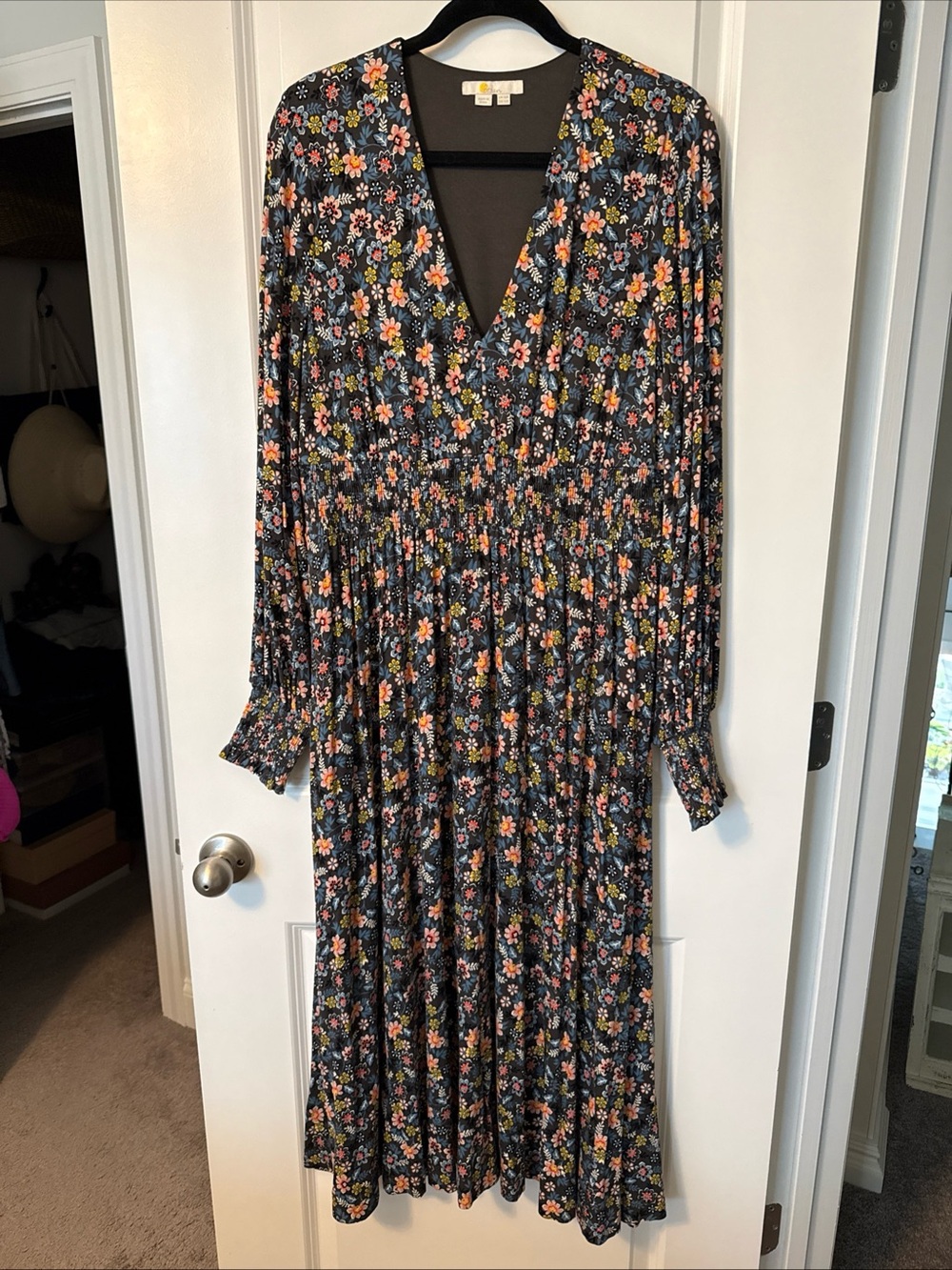 Boden Women's Floral Print V-Neck Maxi Black Multi 12R Smocking Waist at Cuffs